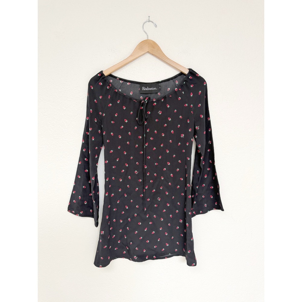 Realisation Par Luna Strawberry Print Black Silk Long Sleeve Mini Dress XS